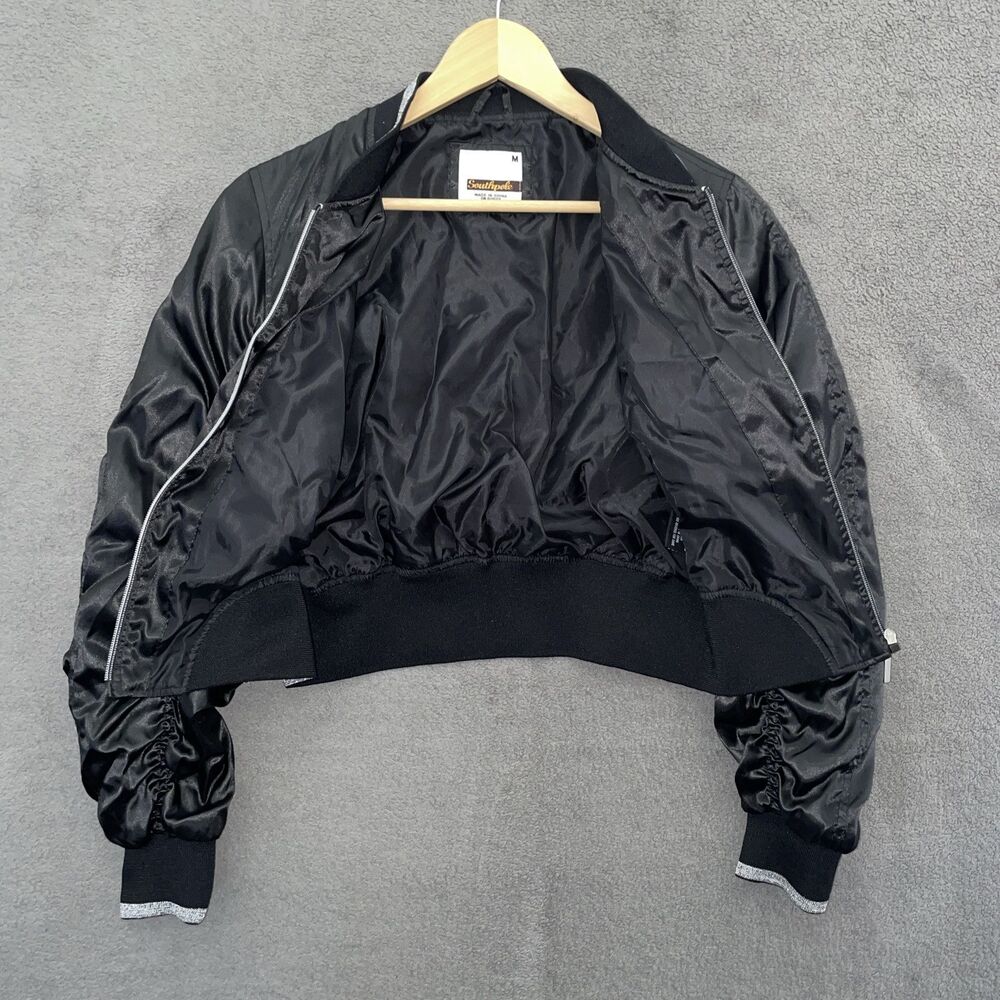 Southpole Women M Cropped Bomber Jacket Black Ruched Satin Y2K Gorpcore Tech - Picture 11 of 16